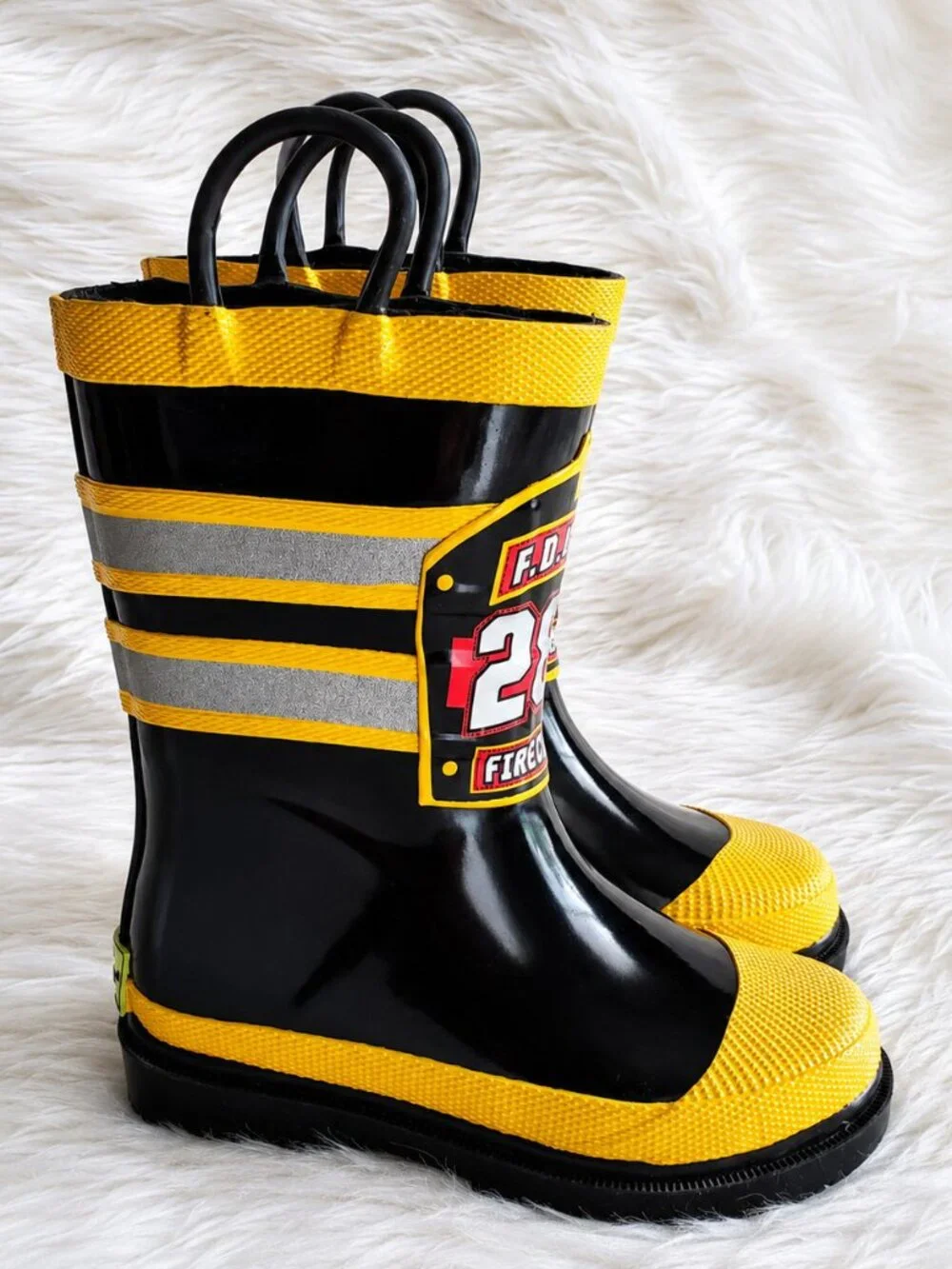 Western Chief Kids Black/Yellow Firefighter Waterproof Rain Boots SZ 8